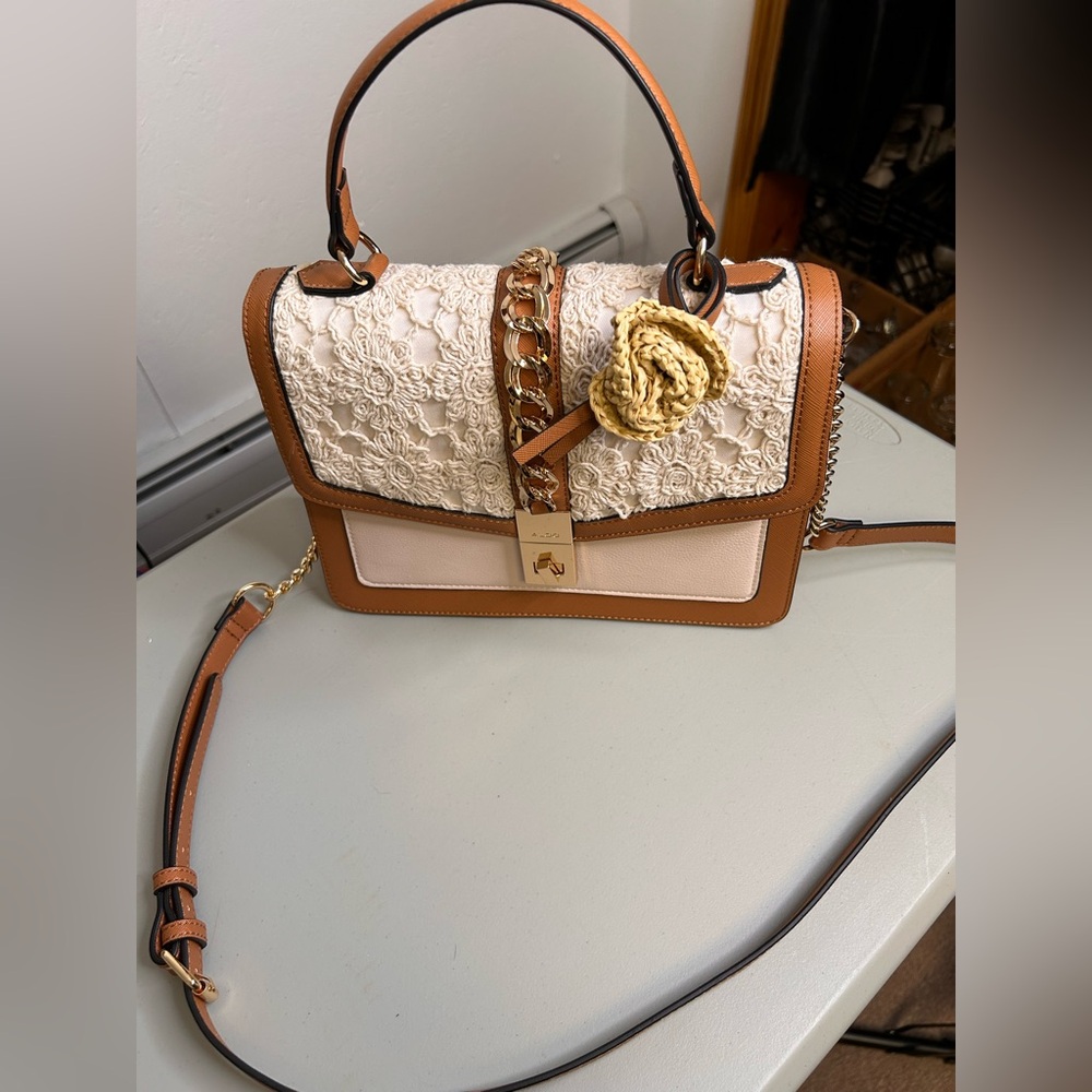 Aldo Pink and Brown Crossbody Bag with Crochet & Chain Detail Top Handle - Picture 2 of 8
